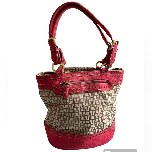 Tommy Hilfiger Red Leather Trimmed Multi Pocket Shoulder Bag/Purse - Picture 1 of 16